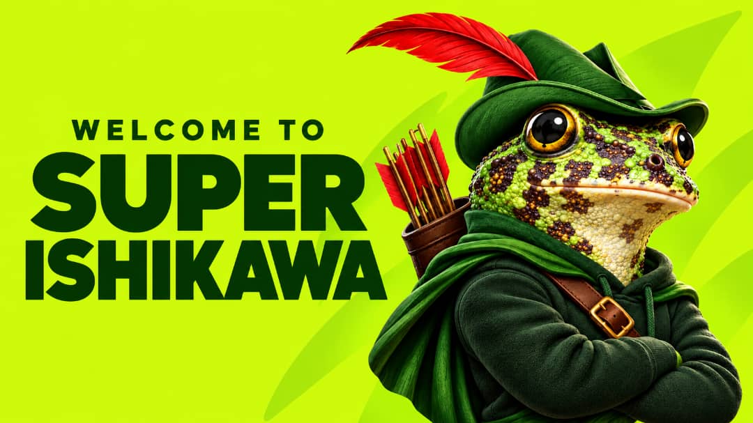 Welcome to Super Ishikawa โ a frog in a green Robin Hood hat with a red feather
